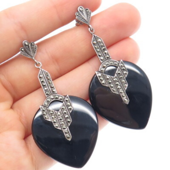 925 Sterling Silver Vintage Real Black Onyx Marcasite Heart